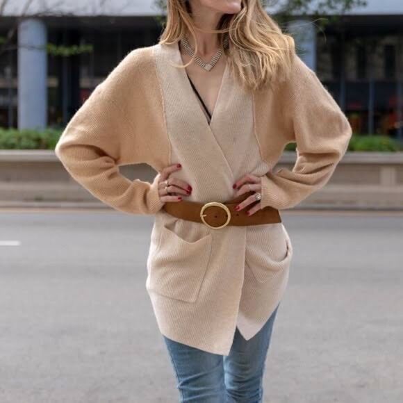 Something Navy Blocked Cardigan Beige Taupe Color Block Wool Blend Sz S - Picture 3 of 9